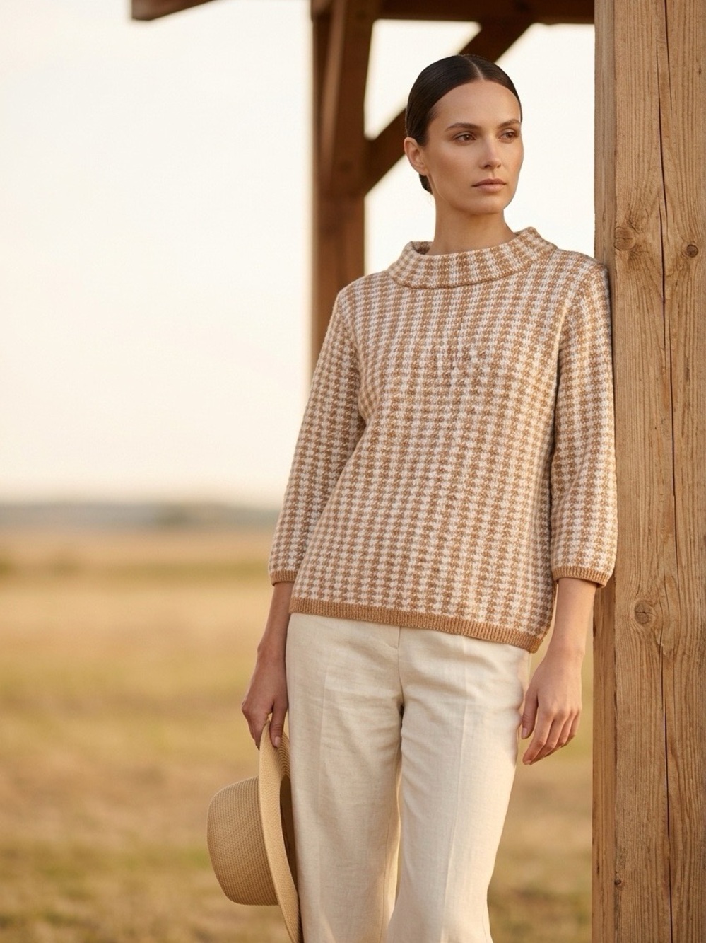 Y2K Appleseed’s Womens Beige Houndstooth Knit Sweater Size Large